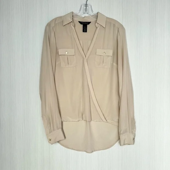 WHBM Silk Utility Blouse Size 4 Tan Long Sleeve Surplice V Neck High Low Casual - Picture 1 of 14